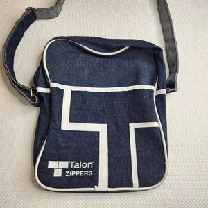 Vintage 70s Talon Zippers Denim Shoulder Bag Advertising Blue White